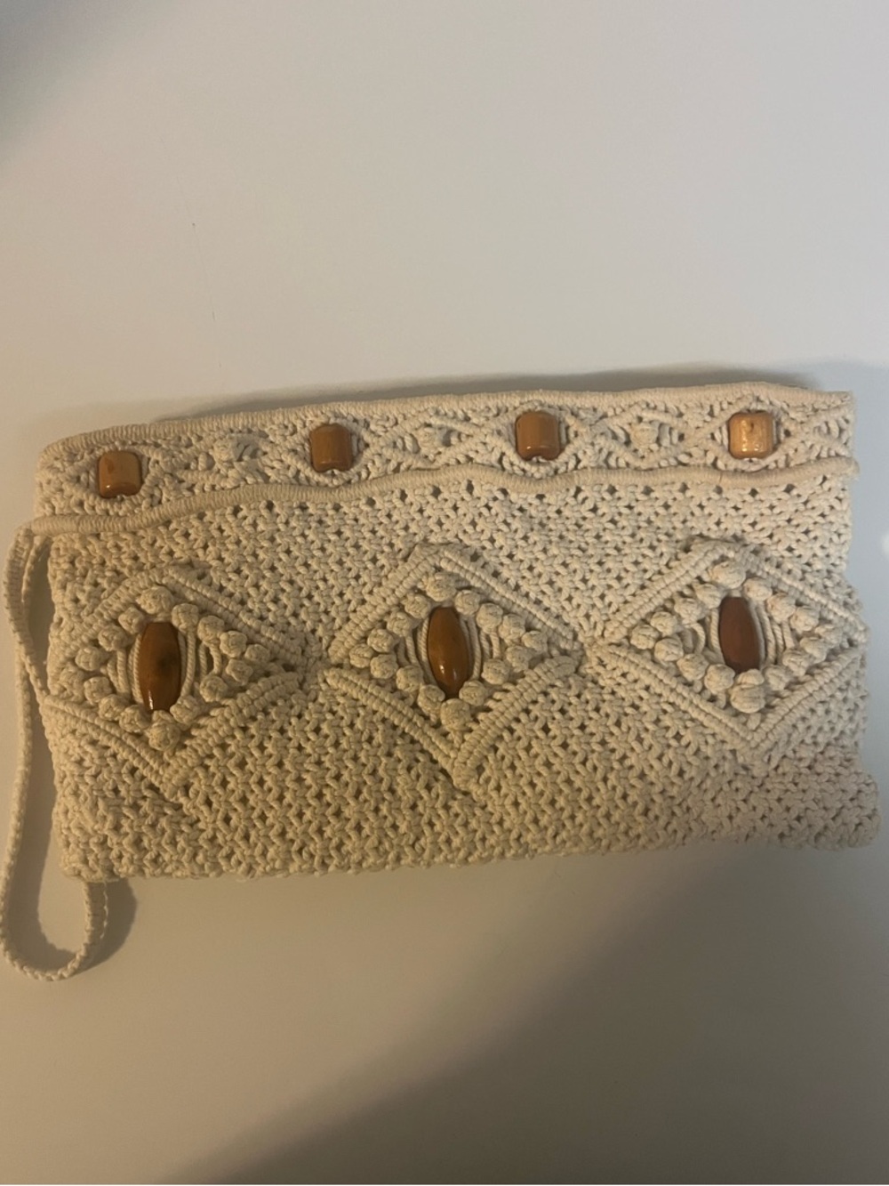 Vintage Mid Century Cream Macrame Clutch with Wood Bead‎ Accents 11x6in
Bohemian